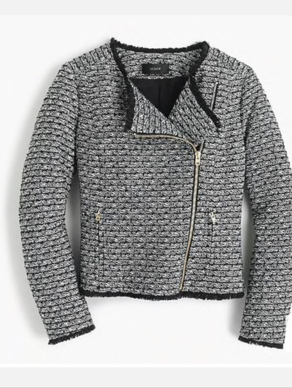 J.Crew Black Tweed Fringe Jacket Women’s Size8 New Zip Front Moto Cropped Blazer